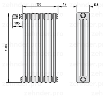 Схема (чертеж) Радиатор Zehnder Charleston 4150/8 №V011 Белый глянцевый RAL 9016